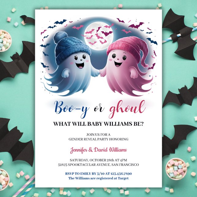 Blue Pink Boo y or Ghoul Halloween Gender Reveal Invitation (Blue Pink Boo y or Ghoul Halloween Gender Reveal Invitation)