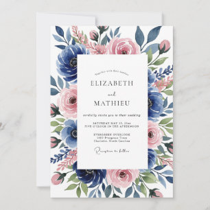 Blue Pink Botanical Romance Wedding Invitation