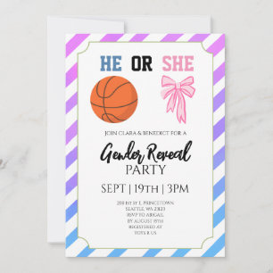 Blue Pink Bow Basketball Gender Reveal Party Invitation