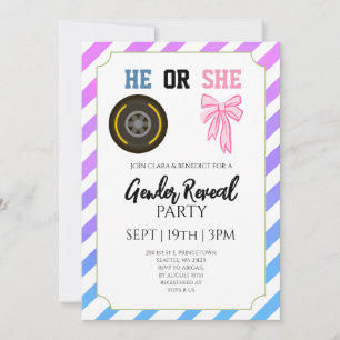 Blue Pink Bow Race Car Gender Reveal Party Invitation