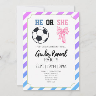 Blue Pink Bow Soccer Gender Reveal Party Invitation