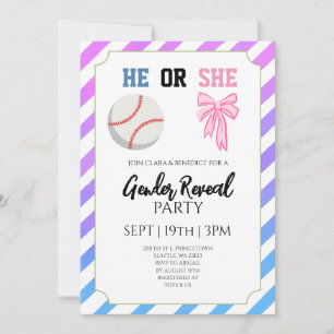 Blue Pink Bow Stripes Baseball Gender Reveal Party Invitation