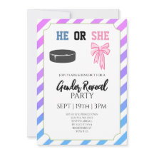 Blue Pink Bow Stripes Hockey Gender Reveal Party