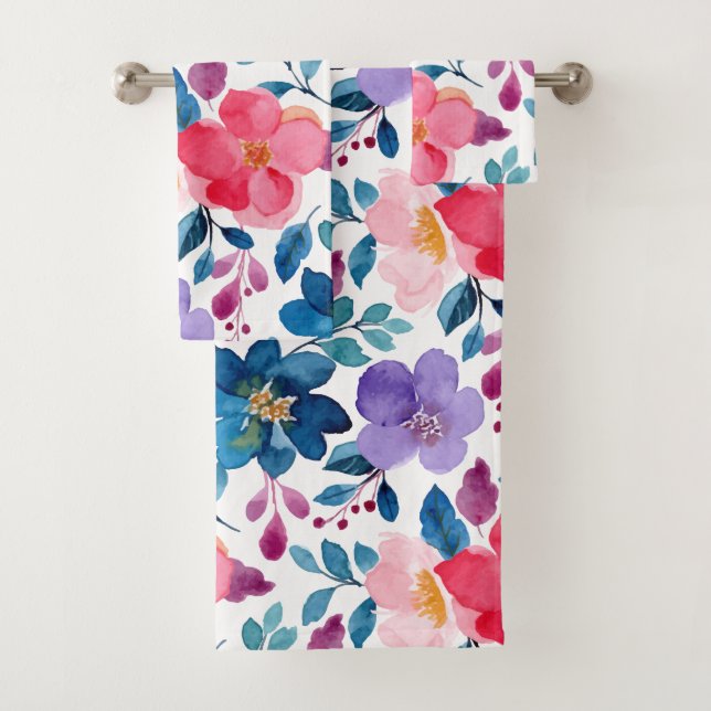Blue Pink Bright Floral Print Bath Towel Set (Insitu)