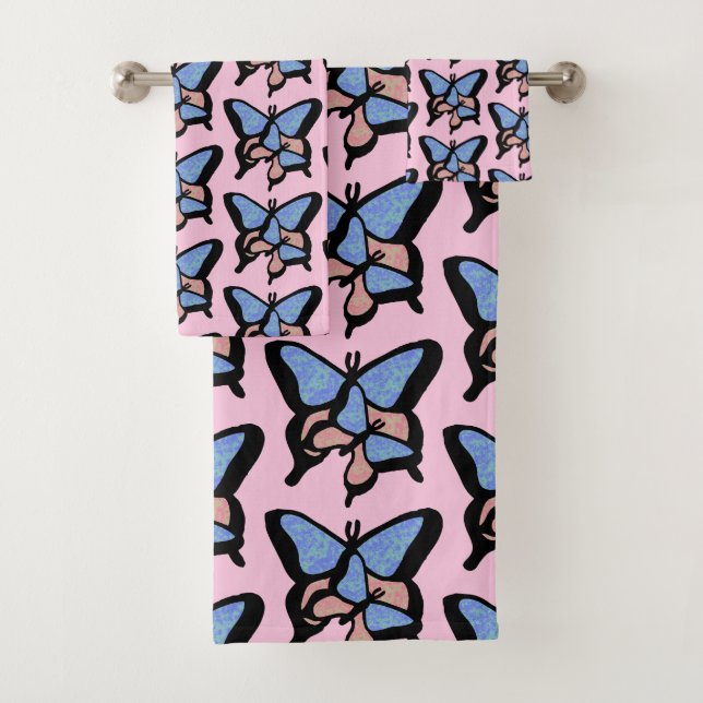 Blue & Pink Butterflies Bath Towel Set (Insitu)