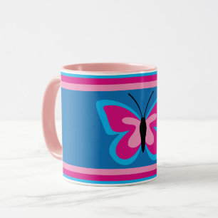 Blue Pink Butterfly - Blue Background - Mug