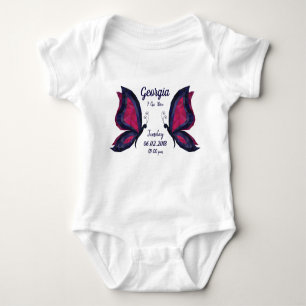 Blue/pink butterfly modern new baby birth stats baby bodysuit