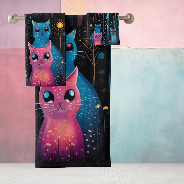 Blue Pink cats Bath Towel Set (Creator Uploaded)