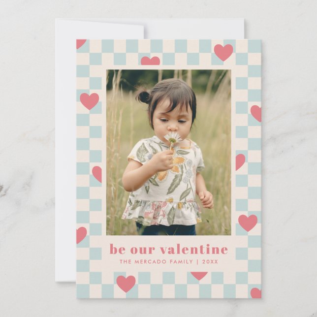Blue Pink Chequerboard Hearts Valentine's Day Card (Front)