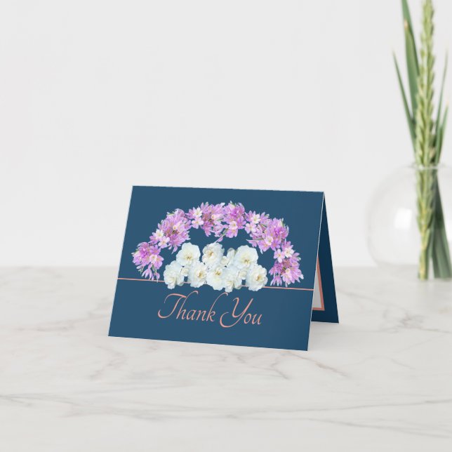 Blue Pink Chic Roses Crocuses Garland Thank You Card (Front)