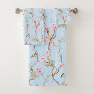 Blue & Pink Chinoiserie Botanical Birds & Flower Bath Towel Set