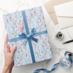 Blue & Pink Chinoiserie Botanical Birds & Flower Wrapping Paper