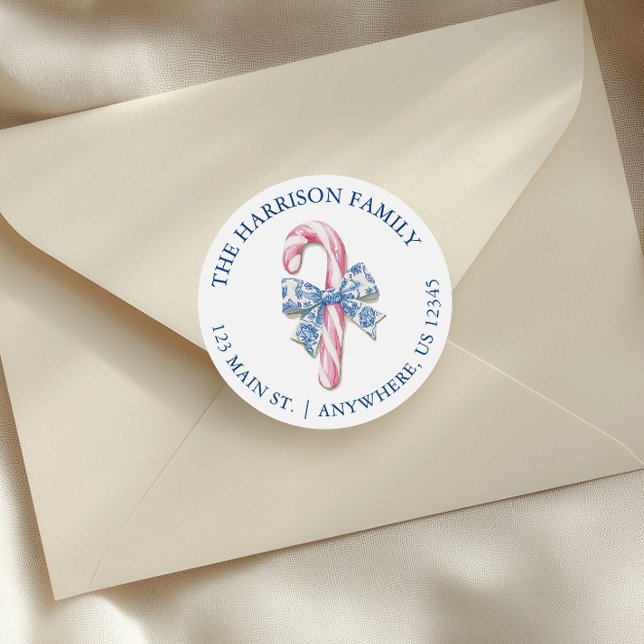 Blue Pink Chinoiserie Toile Candy Cane Address Classic Round Sticker (Creator Uploaded)