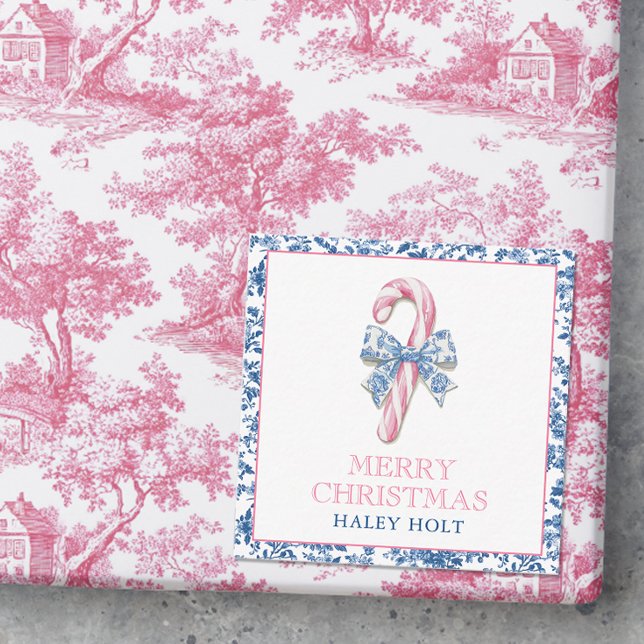 Blue & Pink Chinoiserie Toile Christmas Candy Cane Card (Photo of a pink and blue chinoiserie christmas gift with a gift enclosure card.)