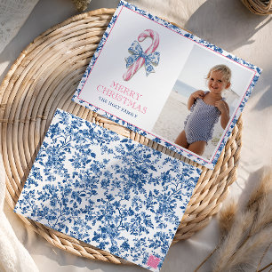 Blue & Pink Chinoiserie Toile Christmas Candy Cane Holiday Card