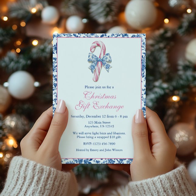 Blue & Pink Chinoiserie Toile Christmas Candy Cane Invitation (Creator Uploaded)