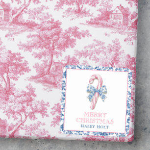 Blue & Pink Chinoiserie Toile Christmas Candy Cane Square Sticker