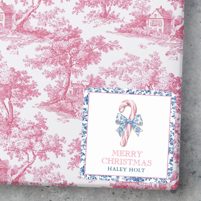 Blue & Pink Chinoiserie Toile Christmas Candy Cane Square Sticker (Creator Uploaded)