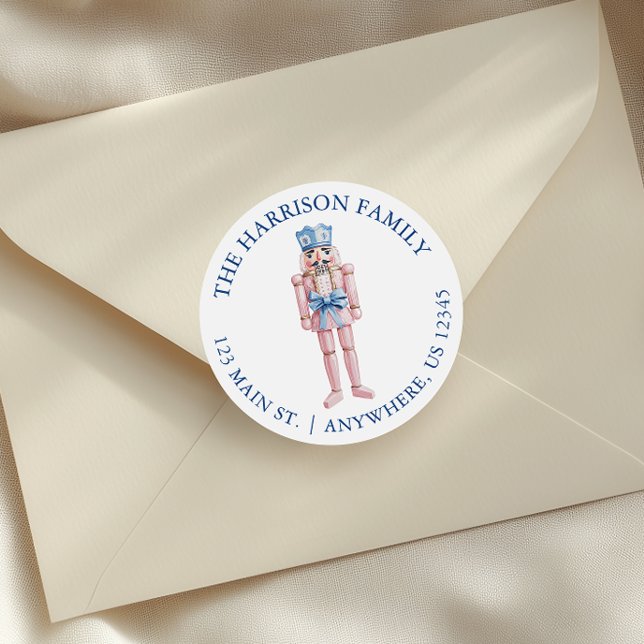 Blue Pink Chinoiserie Toile Nutcracker Address Classic Round Sticker (Creator Uploaded)