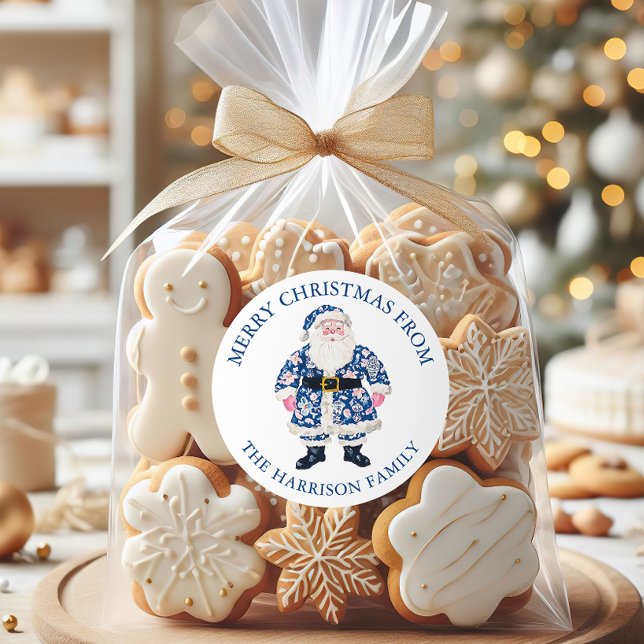 Blue Pink Chinoiserie Toile Santa Claus Christmas Classic Round Sticker (Creator Uploaded)