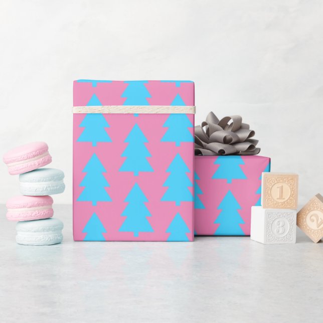 Blue Pink Christmas Tree Abstract Simple Wrapping Paper (Baby Shower)