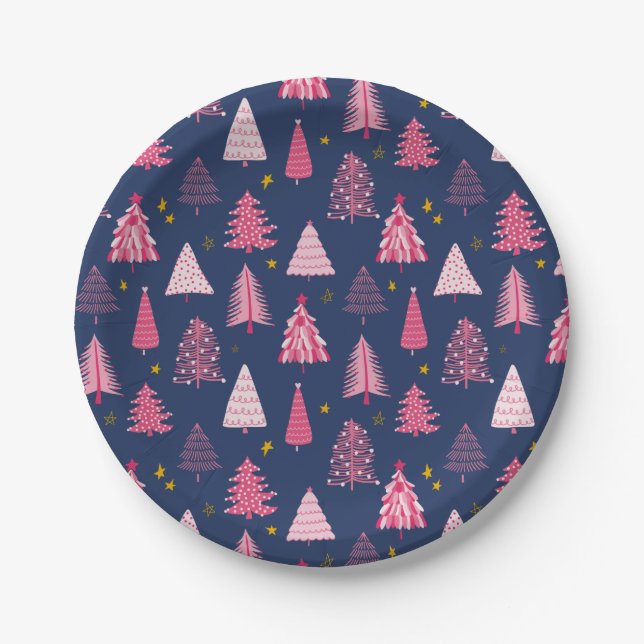 Blue & Pink Christmas Tree Pattern Paper Plate (Front)