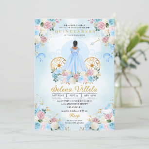 Blue & Pink Cinderella Carriage Quinceañera Invitation