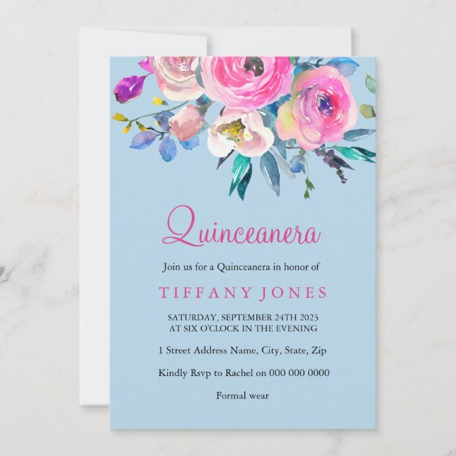Blue & Pink Colourful Flower Quinceanera Invite (Front)