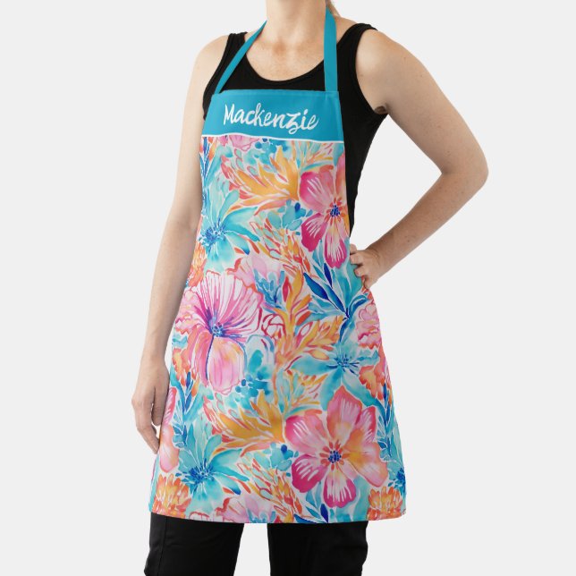 Blue Pink Coral Tropical Flower Custom Name Apron (Insitu)