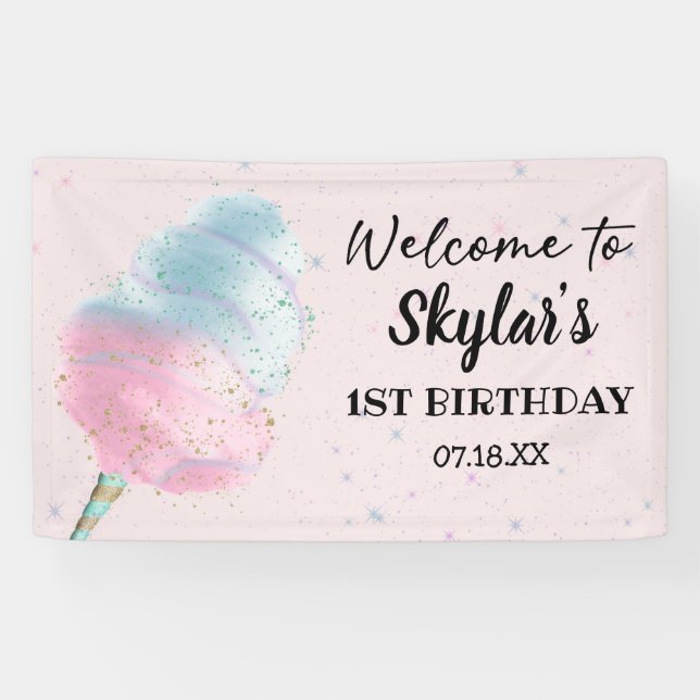 Blue Pink Cotton Candy BronzeGold Glitter Birthday Banner (Horizontal)