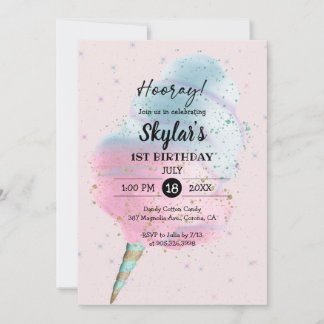 Blue Pink Cotton Candy BronzeGold Glitter Birthday Invitation