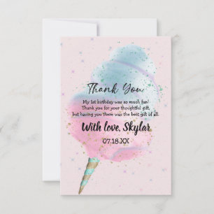Blue Pink Cotton Candy BronzeGold Glitter Birthday Thank You Card