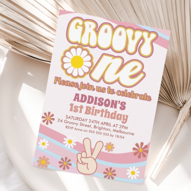 Blue Pink Daisies Peace Sign Groovy One Birthday Invitation (Creator Uploaded)