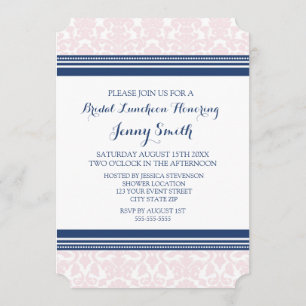 Blue Pink Damask Bridal Lunch Invitation Cards