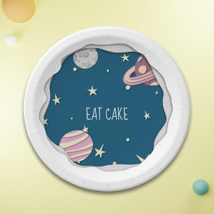 Blue Pink Eat Cake Galaxy Stars & Planets Paper Plate
