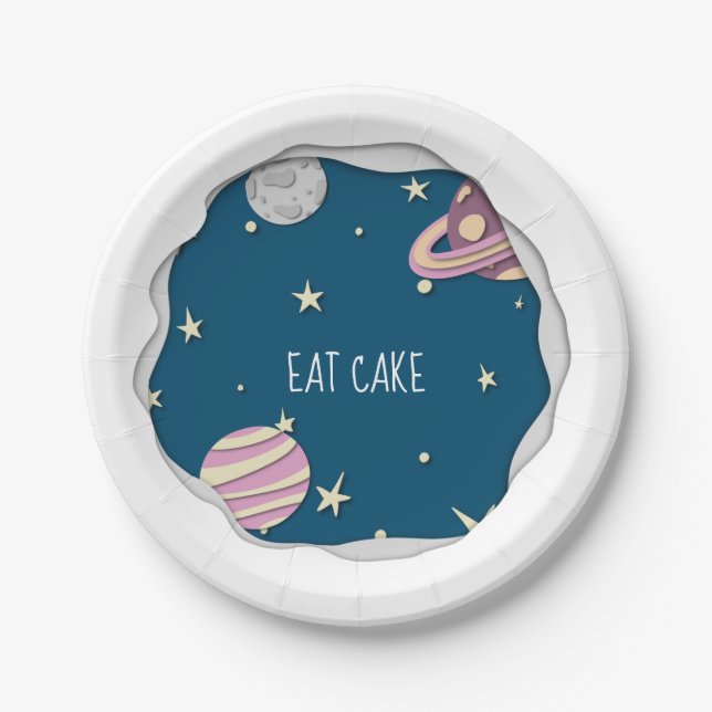 Blue Pink Eat Cake Galaxy Stars & Planets Paper Plate (Front)
