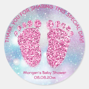 Blue Pink Feet Baby Shower Favour Thank Girl Classic Round Sticker