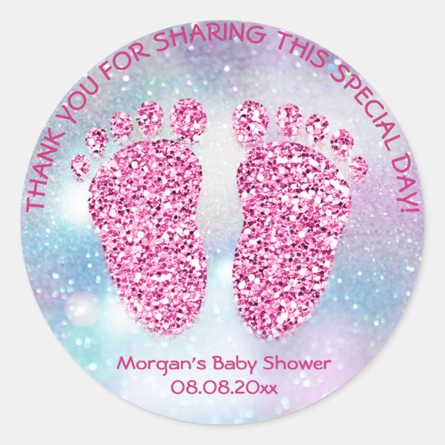 Blue Pink Feet Baby Shower Favour Thank Girl Classic Round Sticker (Front)