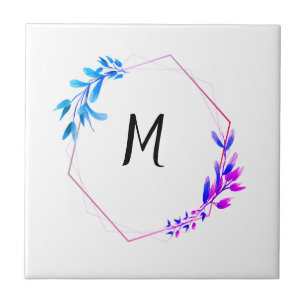 blue pink floral abstract circle monogram throw tile