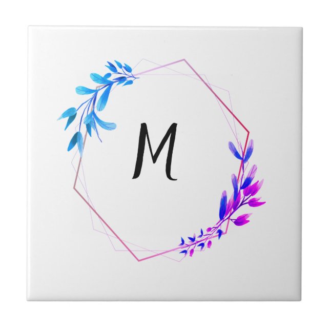 blue pink floral abstract circle monogram throw  tile (Front)