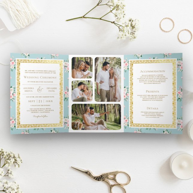 Blue Pink Floral All in One Gold Indian Wedding Tri-Fold Invitation (Creator Uploaded)