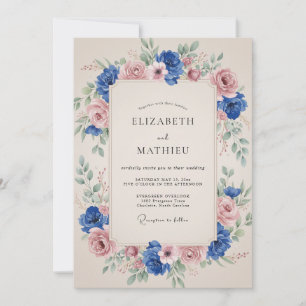 Blue Pink Floral Arch Wedding Invitation