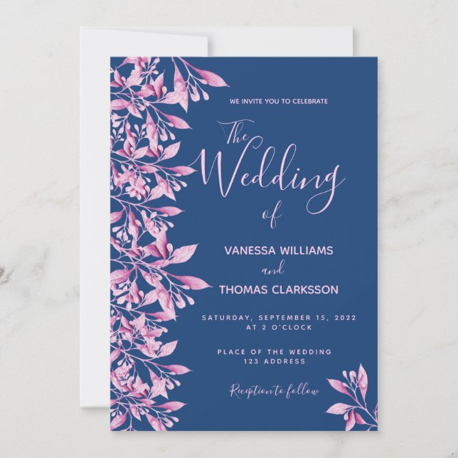 Blue pink floral botanical script wedding invitation (Front)