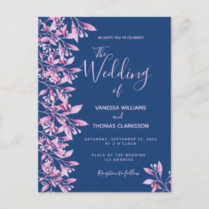 Blue pink floral botanical wedding invitation postcard