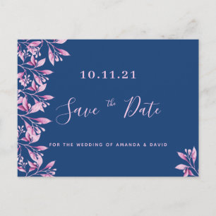 Blue pink floral botanical wedding Save the Date Postcard