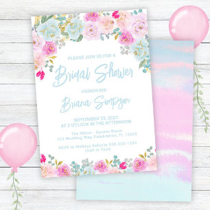 Blue Pink Floral Bridal Shower Invitation