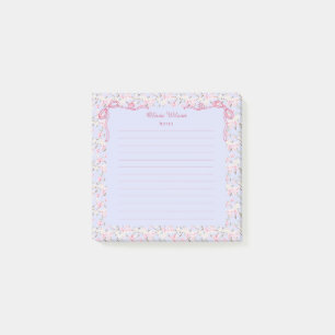 Blue Pink Floral Coquette Bow Custom Name Post-it Notes