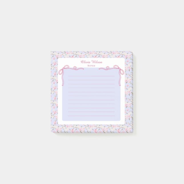 Blue Pink Floral Coquette Bow Custom Name Post-it Notes (Front)