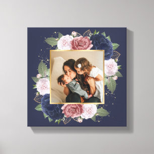 Blue Pink Floral Custom Family Photo On Canvas Print
