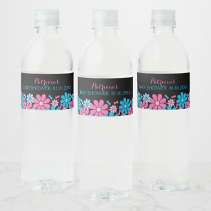 Blue & Pink Floral Gender Reveal Baby Shower Water Bottle Label